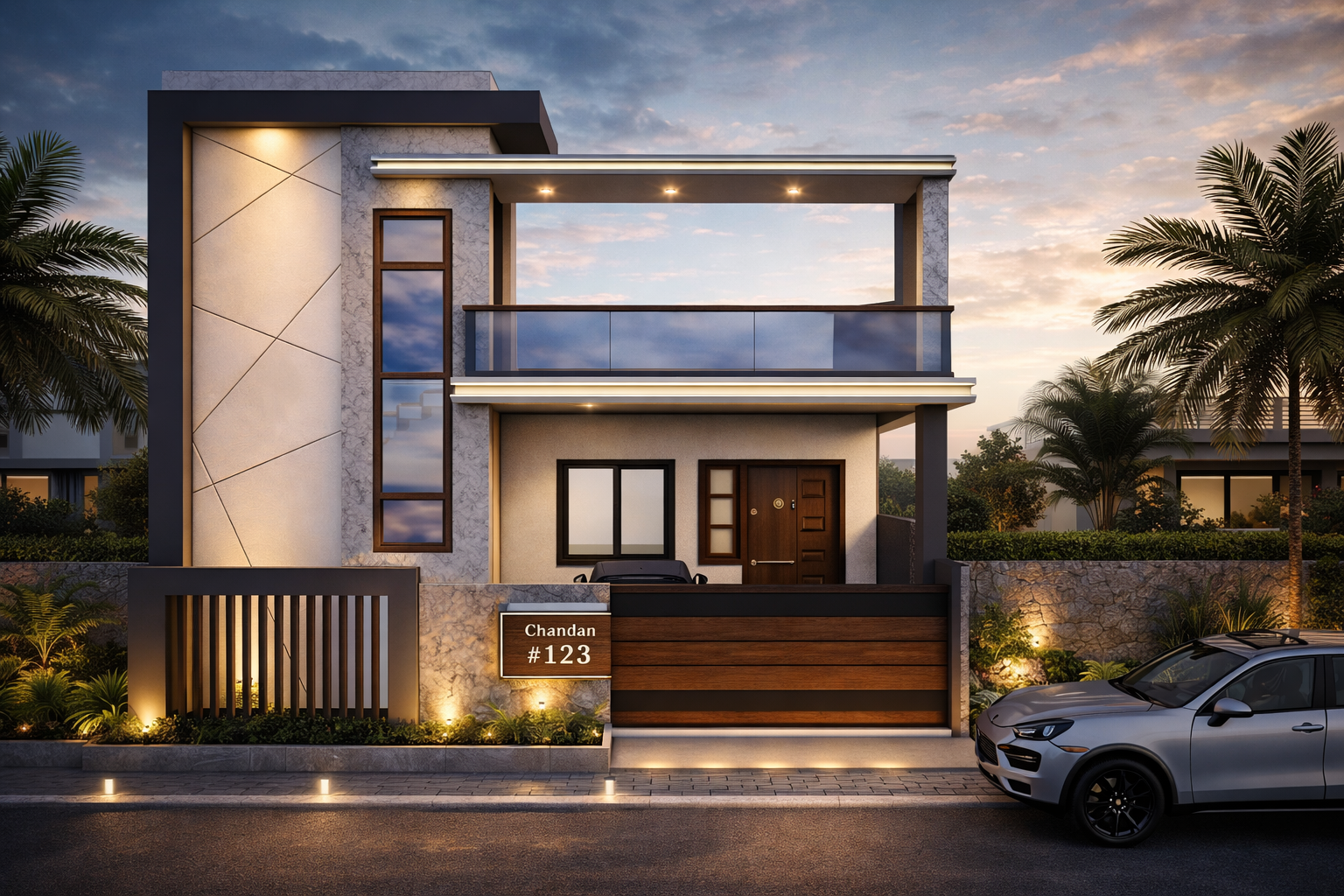 Residential elevation with warm facade lighting